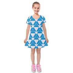 Blue & White Triangle Pattern  Kids  Short Sleeve Velvet Dress