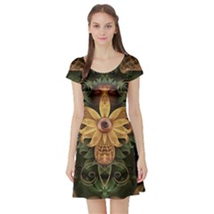 Beautiful Filigree Oxidized Copper Fractal Orchid Short Sleeve Skater Dress by jayaprime