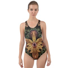 Beautiful Filigree Oxidized Copper Fractal Orchid Cut-out Back One Piece Swimsuit by jayaprime