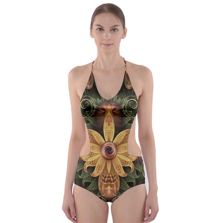 Beautiful Filigree Oxidized Copper Fractal Orchid Cut-Out One Piece Swimsuit