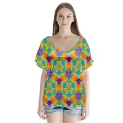 Pattern V-neck Flutter Sleeve Top by gasi