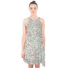 Pattern Halter Collar Waist Tie Chiffon Dress by gasi