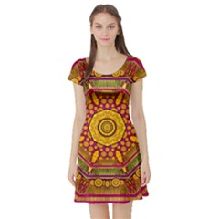 Sunshine Mandala And Other Golden Planets Short Sleeve Skater Dress by pepitasart