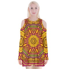 Sunshine Mandala And Other Golden Planets Velvet Long Sleeve Shoulder Cutout Dress by pepitasart