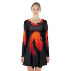 Giraffe Animal Africa Sunset Long Sleeve Velvet V-neck Dress