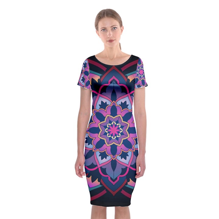 Mandala Circular Pattern Classic Short Sleeve Midi Dress