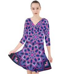 Mandala Circular Pattern Quarter Sleeve Front Wrap Dress	