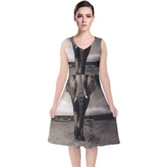 Elephant Black And White Animal V-neck Midi Sleeveless Dress 