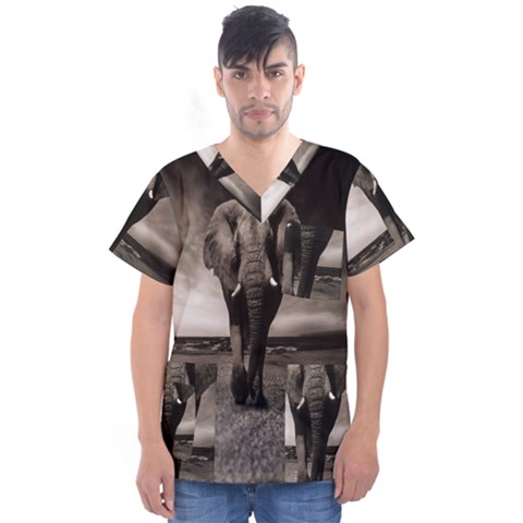 Elephant Black And White Animal Men s V-neck Scrub Top by Celenk