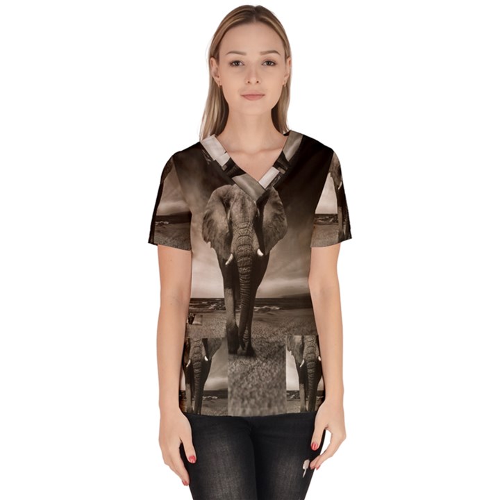 Elephant Black And White Animal Scrub Top