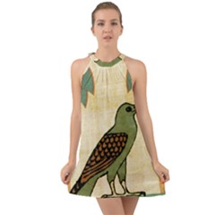 Egyptian Paper Papyrus Bird Halter Tie Back Chiffon Dress