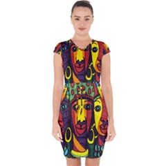 Ethnic Bold Bright Artistic Paper Capsleeve Drawstring Dress 