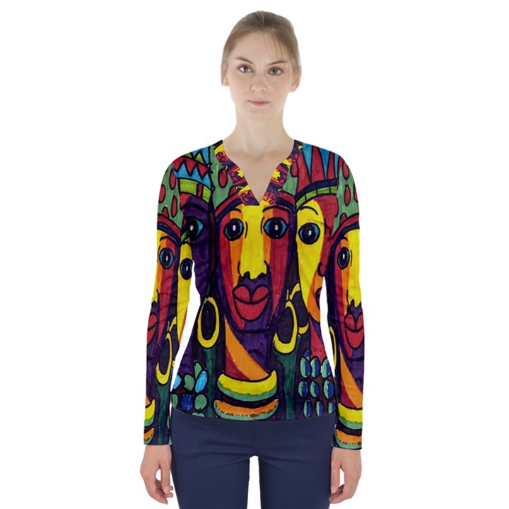 Ethnic Bold Bright Artistic Paper V-Neck Long Sleeve Top