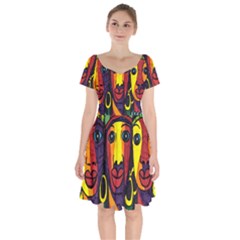 Ethnic Bold Bright Artistic Paper Short Sleeve Bardot Dress