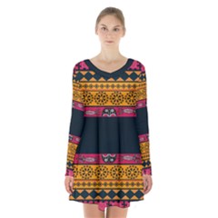 Pattern Ornaments Africa Safari Long Sleeve Velvet V-neck Dress by Celenk