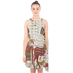 Egyptian Tutunkhamun Pharaoh Design Halter Collar Waist Tie Chiffon Dress by Celenk