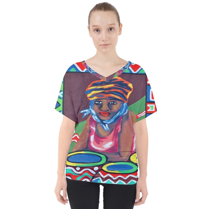 Ethnic Africa Art Work Drawing V-Neck Dolman Drape Top