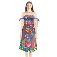 Ethnic Africa Art Work Drawing Shoulder Tie Bardot Midi Dress by Celenk