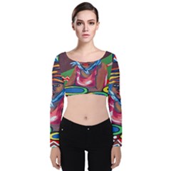 Ethnic Africa Art Work Drawing Velvet Long Sleeve Crop Top