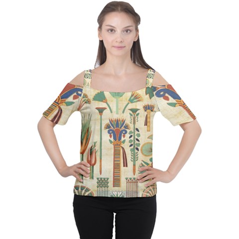 Egyptian Paper Papyrus Hieroglyphs Cutout Shoulder Tee by Celenk