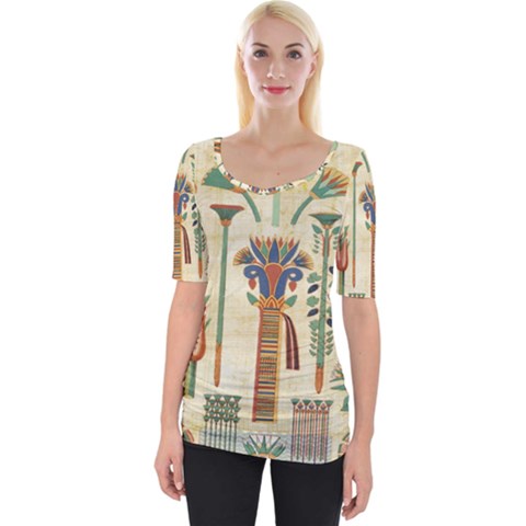 Egyptian Paper Papyrus Hieroglyphs Wide Neckline Tee by Celenk