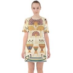 Egyptian Paper Papyrus Hieroglyphs Sixties Short Sleeve Mini Dress