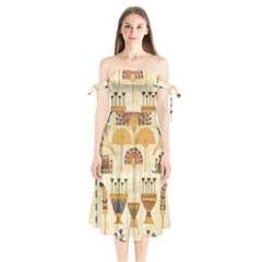 Egyptian Paper Papyrus Hieroglyphs Shoulder Tie Bardot Midi Dress by Celenk