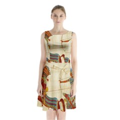 Egyptian Tutunkhamun Pharaoh Design Sleeveless Waist Tie Chiffon Dress by Celenk