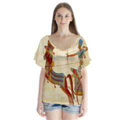 Egyptian Tutunkhamun Pharaoh Design V-neck Flutter Sleeve Top by Celenk