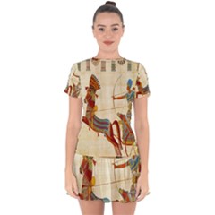 Egyptian Tutunkhamun Pharaoh Design Drop Hem Mini Chiffon Dress