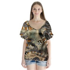 Texture Textile Beads Beading V-neck Flutter Sleeve Top by Celenk