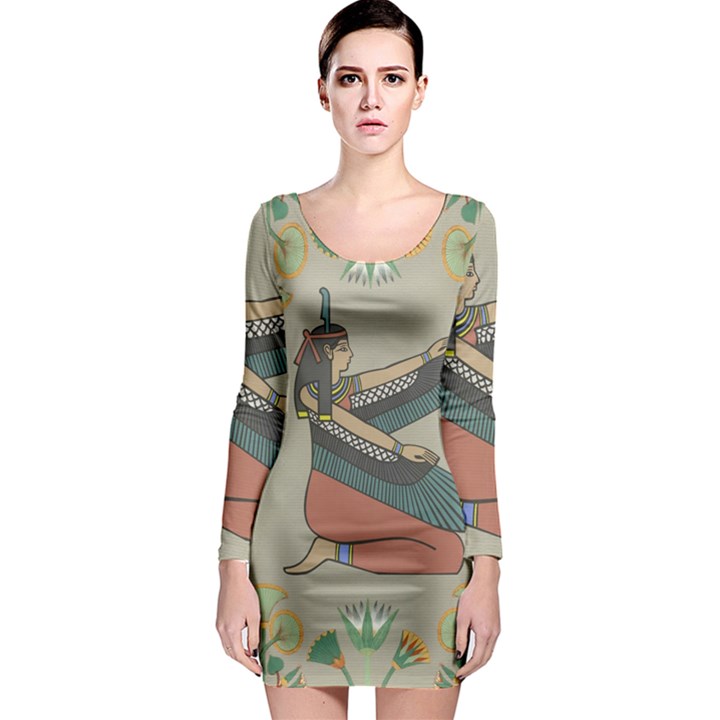 Egyptian Woman Wings Design Long Sleeve Bodycon Dress