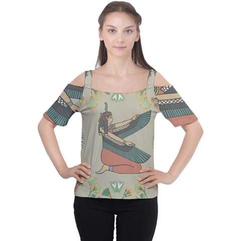 Egyptian Woman Wings Design Cutout Shoulder Tee by Celenk