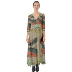 Egyptian Woman Wings Design Button Up Boho Maxi Dress