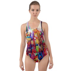 Guatemala Art Painting Naive Cut-out Back One Piece Swimsuit