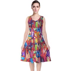 Guatemala Art Painting Naive V-neck Midi Sleeveless Dress 