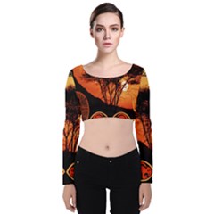 Africa Safari Summer Sun Nature Velvet Long Sleeve Crop Top by Celenk