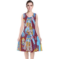 Mexico Puebla Mural Ethnic Aztec V-neck Midi Sleeveless Dress 