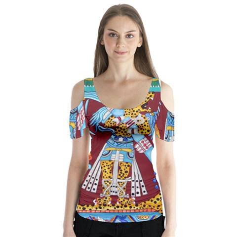 Mexico Puebla Mural Ethnic Aztec Butterfly Sleeve Cutout Tee  by Celenk