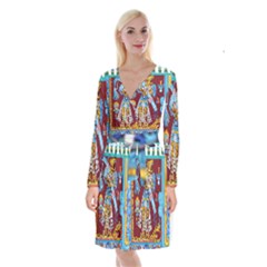 Mexico Puebla Mural Ethnic Aztec Long Sleeve Velvet Front Wrap Dress by Celenk