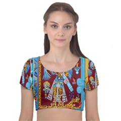 Mexico Puebla Mural Ethnic Aztec Velvet Short Sleeve Crop Top 