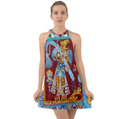 Mexico Puebla Mural Ethnic Aztec Halter Tie Back Chiffon Dress