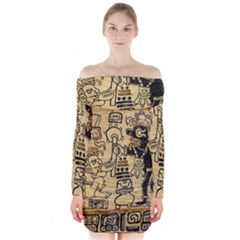 Mystery Pattern Pyramid Peru Aztec Font Art Drawing Illustration Design Text Mexico History Indian Long Sleeve Off Shoulder Dress by Celenk