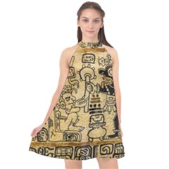 Mystery Pattern Pyramid Peru Aztec Font Art Drawing Illustration Design Text Mexico History Indian Halter Neckline Chiffon Dress  by Celenk