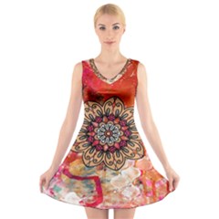 Mandala Art Design Pattern Ethnic V-neck Sleeveless Skater Dress by Celenk