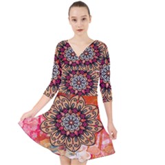 Mandala Art Design Pattern Ethnic Quarter Sleeve Front Wrap Dress	