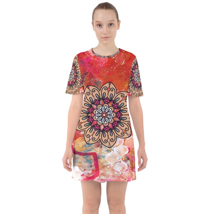 Mandala Art Design Pattern Ethnic Sixties Short Sleeve Mini Dress