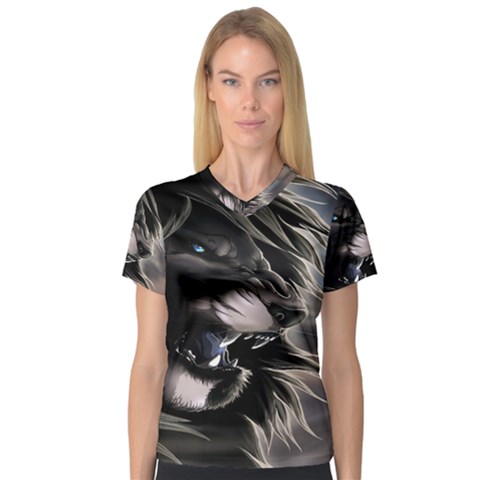 Angry Lion Digital Art Hd V-neck Sport Mesh Tee by Celenk