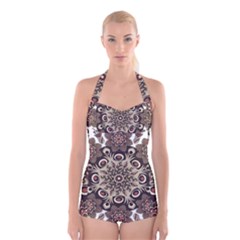 Mandala Pattern Round Brown Floral Boyleg Halter Swimsuit  by Celenk