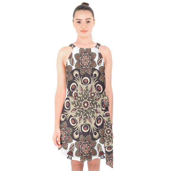 Mandala Pattern Round Brown Floral Halter Collar Waist Tie Chiffon Dress